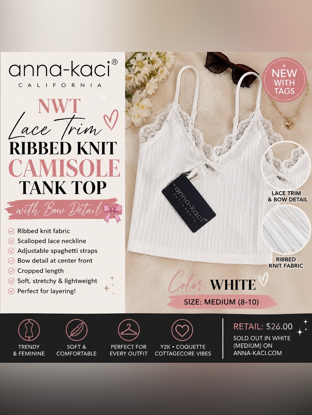 🌸 NWT Anna-Kaci White Lace Trim Ribbed Cami Tank Top | Medium | Coquette | Y2K